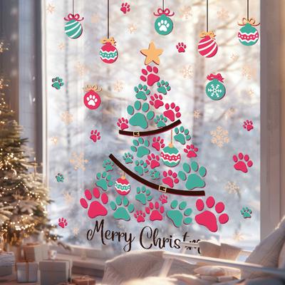 Cartoon Christmas Window Stickers Xmas Cat's Paw Christmas Tree Glass Stickers Merry Christmas Decor New Year 2026