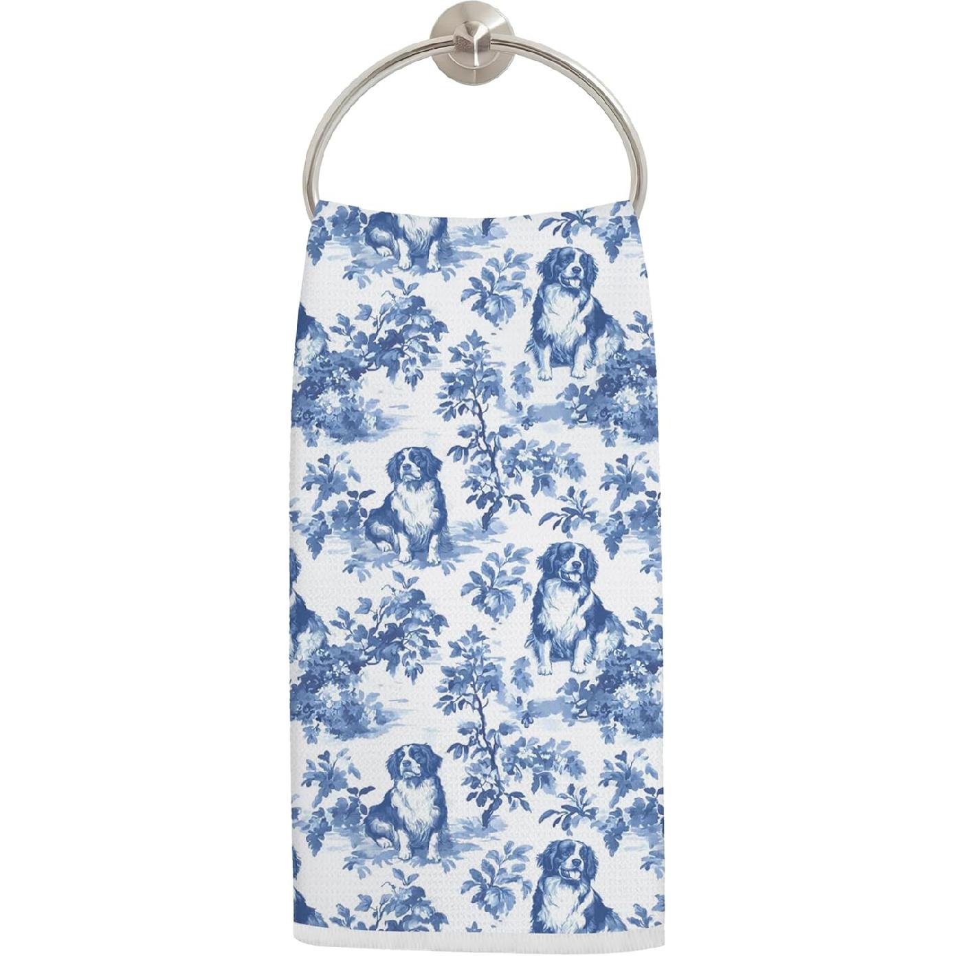 Chinoiserie German Shepherd Kitchen Towels, Blue and White Floral Botanical German Shepherd Decorative Dish Tea Towels, Grand Millenial Dog Bathroom Chinoiserie Bernese Mount