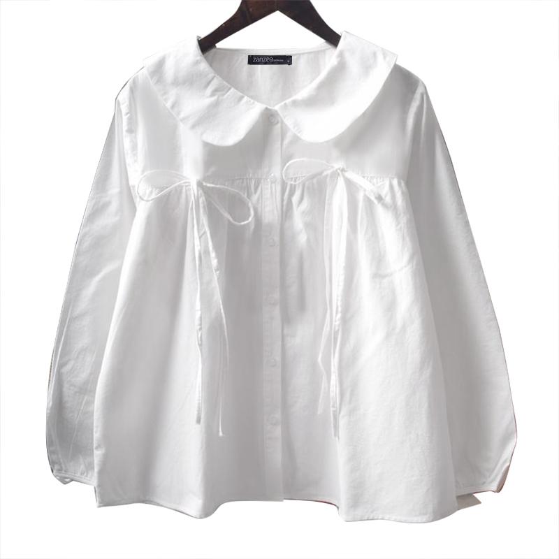 

ZANZEA Жіноча повсякденна вільна однотонна блузка з довгим рукавом і коміром для ляльок S білий