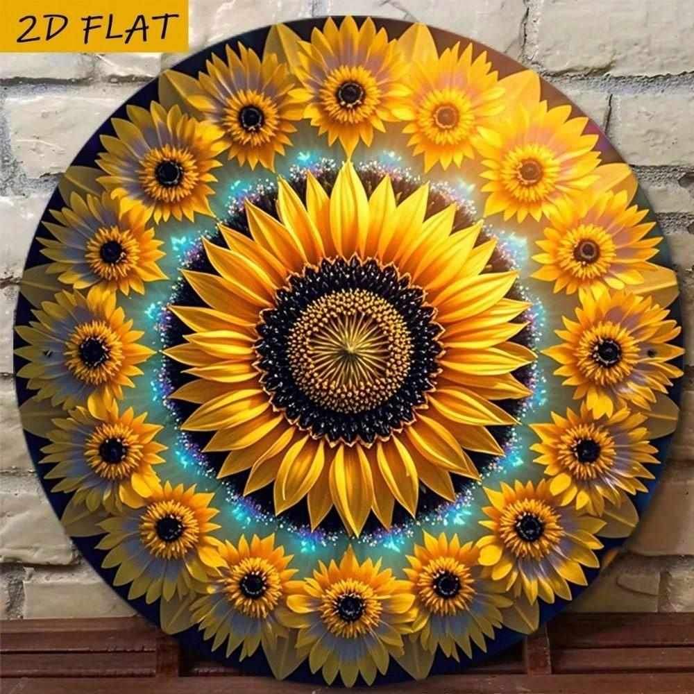 Vintage Sunflower Round Metal Wall Art, Yellow Aluminum Sign Decor for Home Farm