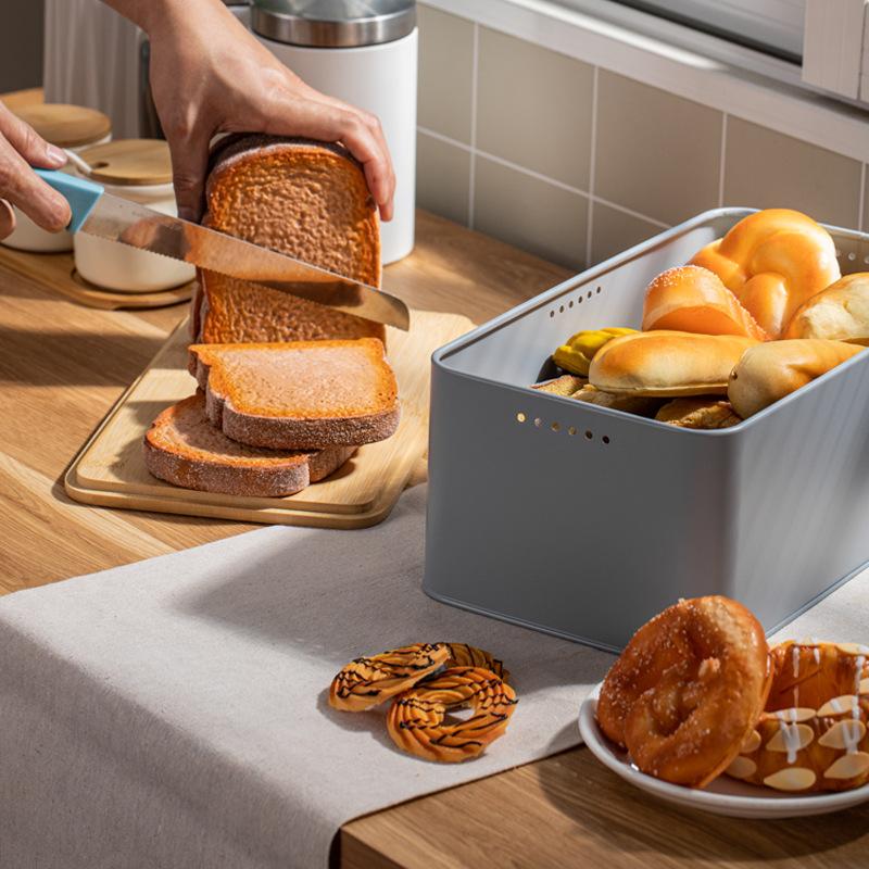 Simple square bamboo cover storage box, kitchen baking products breathable fresh-keeping storage tank, black metal bread box.