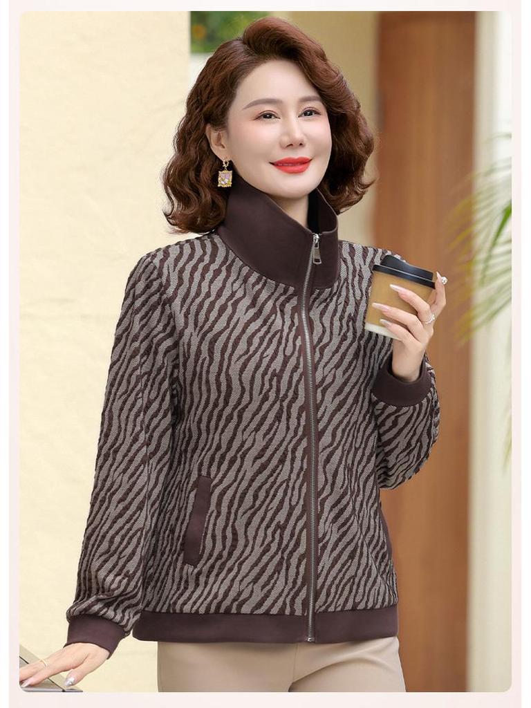 Middle-aged Women's Striped Long-sleeve Turn-down Collar Casual Jacket for Spring and Autumn