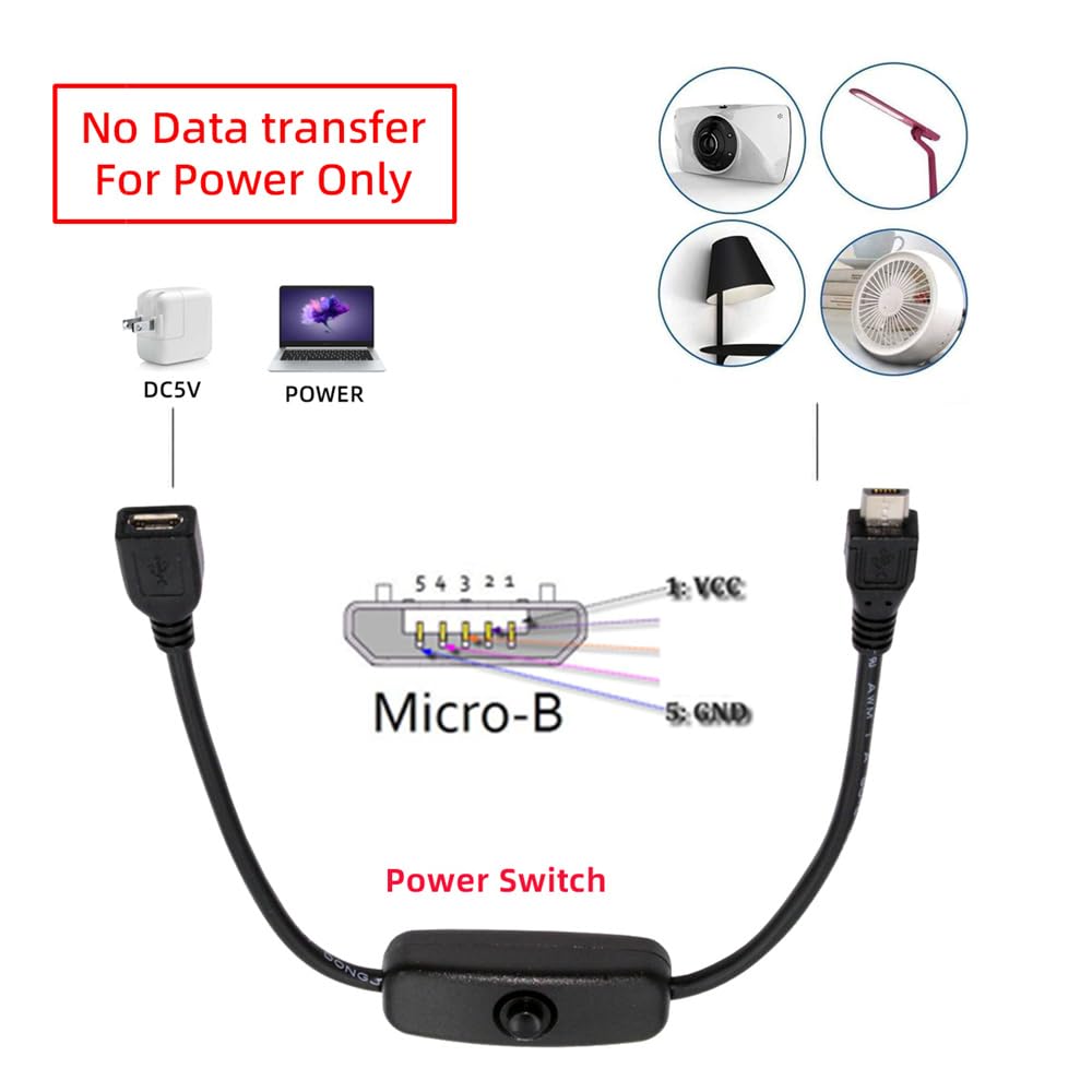 cablecc Micro USB Switch Cable with Power Switch Micro Male to DC for Desk Lamps and Fan Cameras 2.0 On/Off Button, 5-Pin Female, 5V,