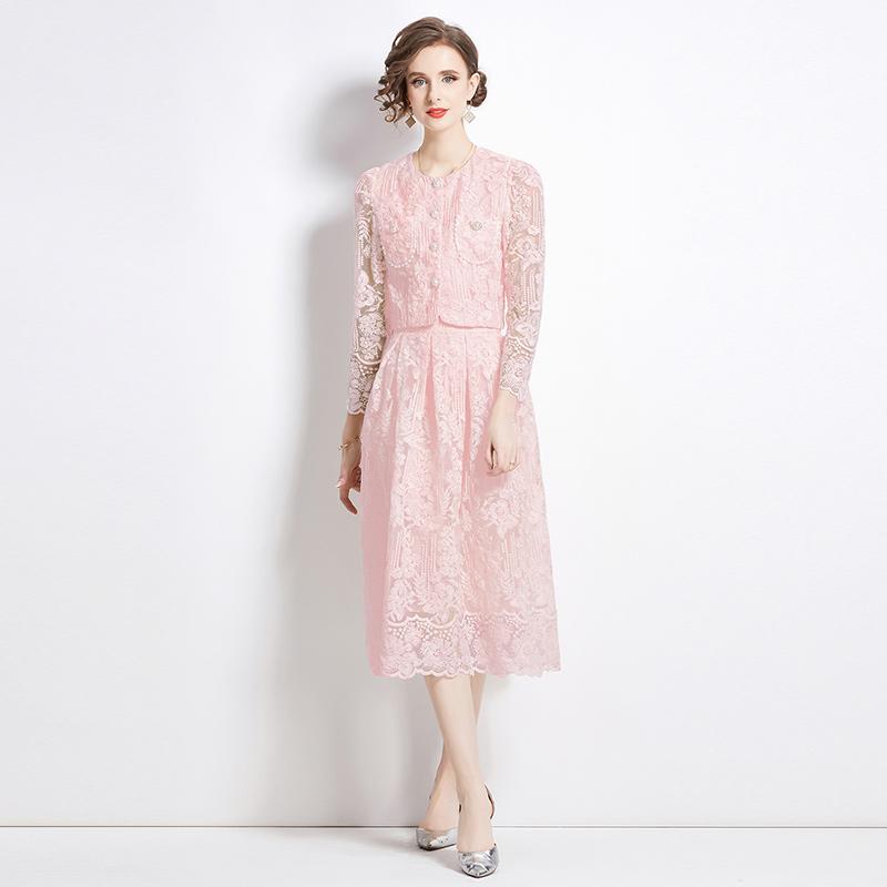 Female Floral Embroidery Two Piece Set Women Suit Elegant OL Long Sleeve Shirt Midi Skirts 2 Piece Outfit