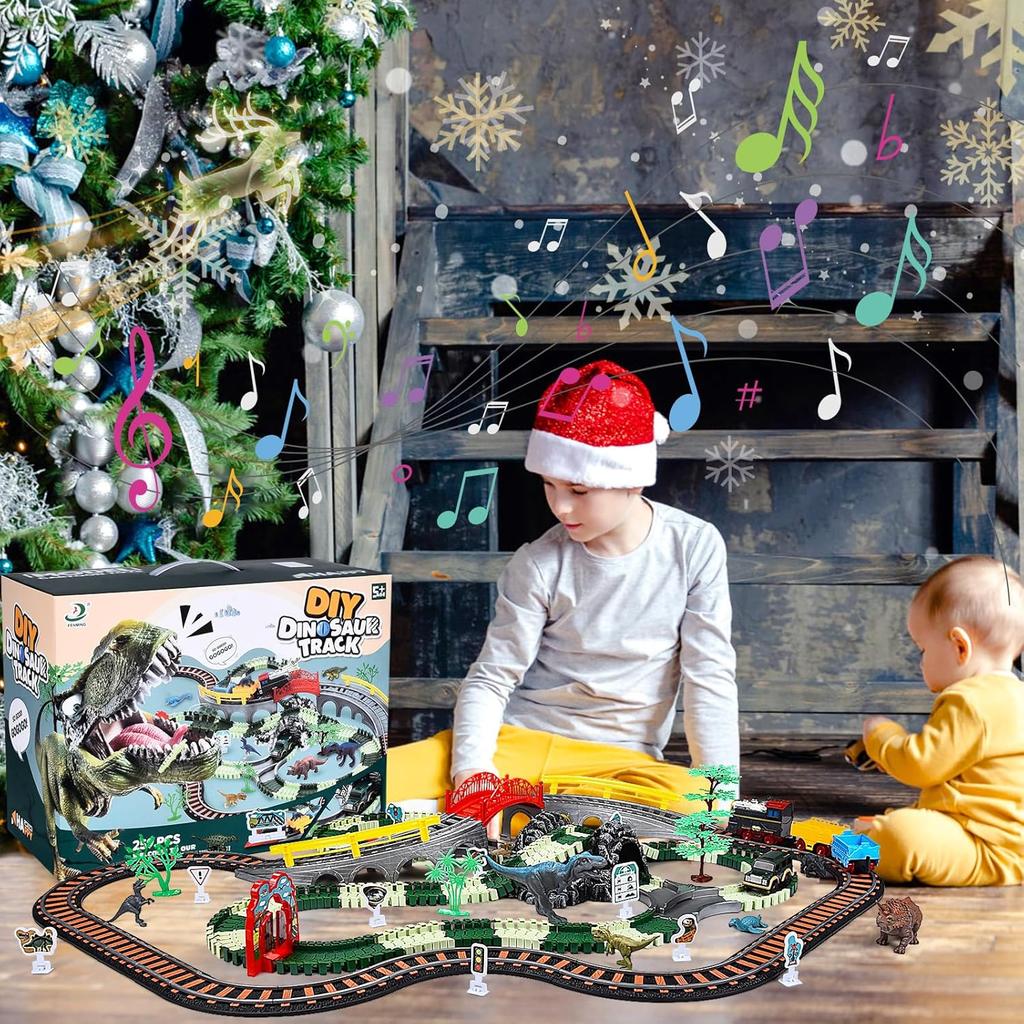 JONRRYIN Elektrische Eisenbahn: 259 Teile Dino Zug Set mit Zug, Straßenfahrzeugen, Rennstrecke. Geeignet für Kinder von 2-7 Jahren