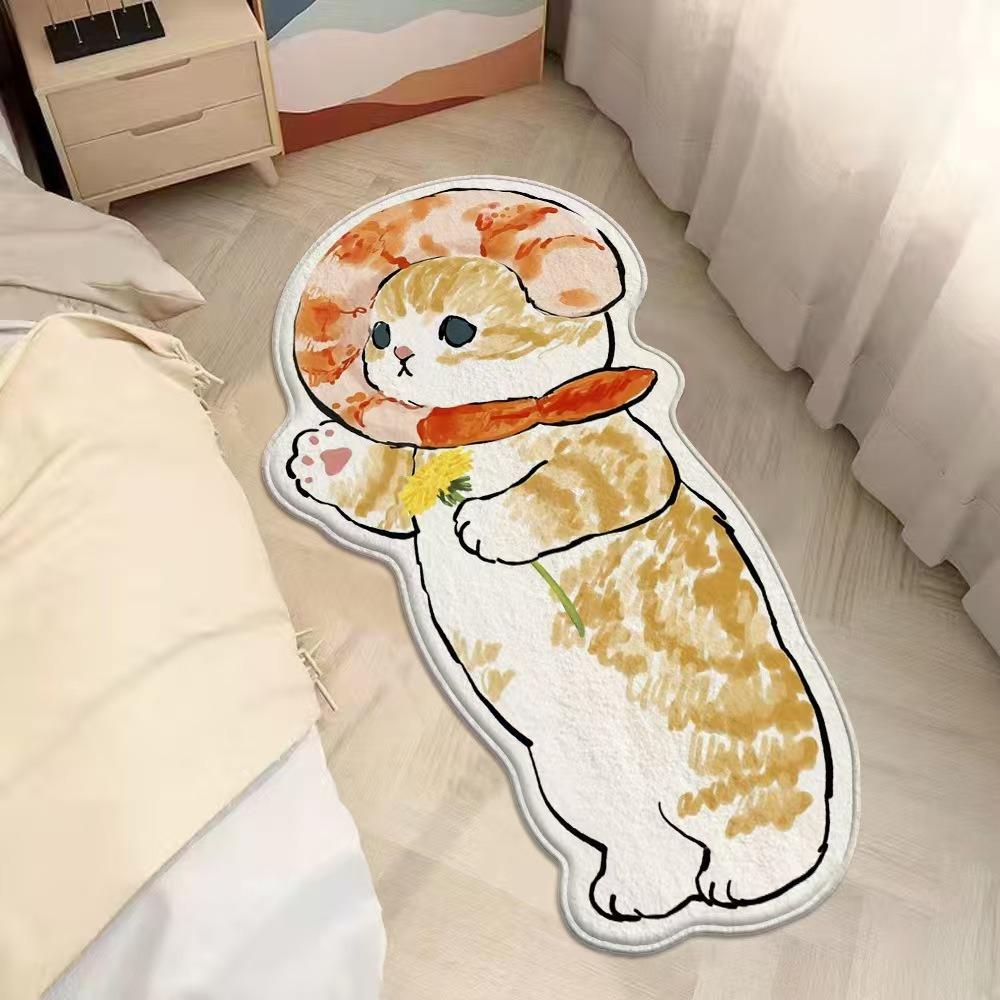 2pcs Cartoon Cute Cat Imitation Cashmere Bedroom Carpet Special-shaped Bedside Carpet Floor Mat