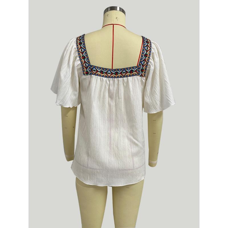 Vacation Style Lace Embroidered Square Neck Shirt Pullover with Lotus Leaf Short Sleeved Backless Design Women’s Blouses & Shirts