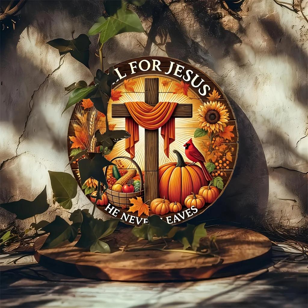 D Flat pc Rustic Iron Christian Cross Metal Sign with Fall Autumn Theme Fall for Jesus He Never Leaves