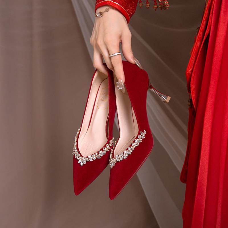 Women's Fashion Slim Heel Shoes Fall New Pointy Head Shallow Mouth Rhinodrill A Slip-on Temperament High Heel Wedding Shoes