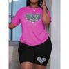 Übergröße Damen Sommer Diamant Liebe Druck Premium Bequemes T-Shirt Zweiteiliges Set