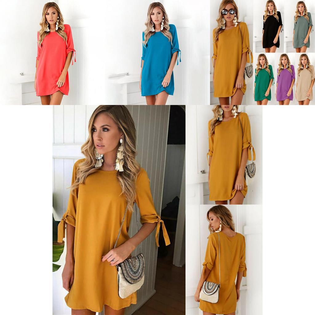 Stijlvolle Damesmode Jurk met Korte Mouwen en Ronde Hals in Effen Kleur voor Zomerse Gelegenheden