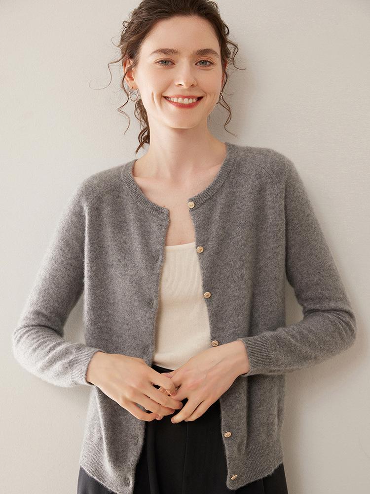 Women's Loose Fit Cashmere Raglan Cardigan – Round Neck, Long Sleeve, Solid Color