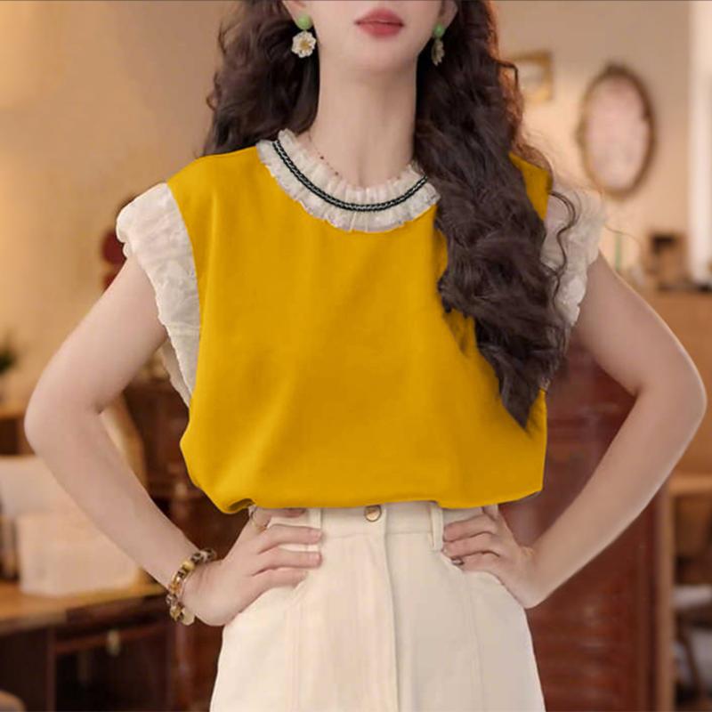 ZANZEA Damen Freizeit Rundhals Sommer Spitze Patchwork Ärmelloses T-Shirt