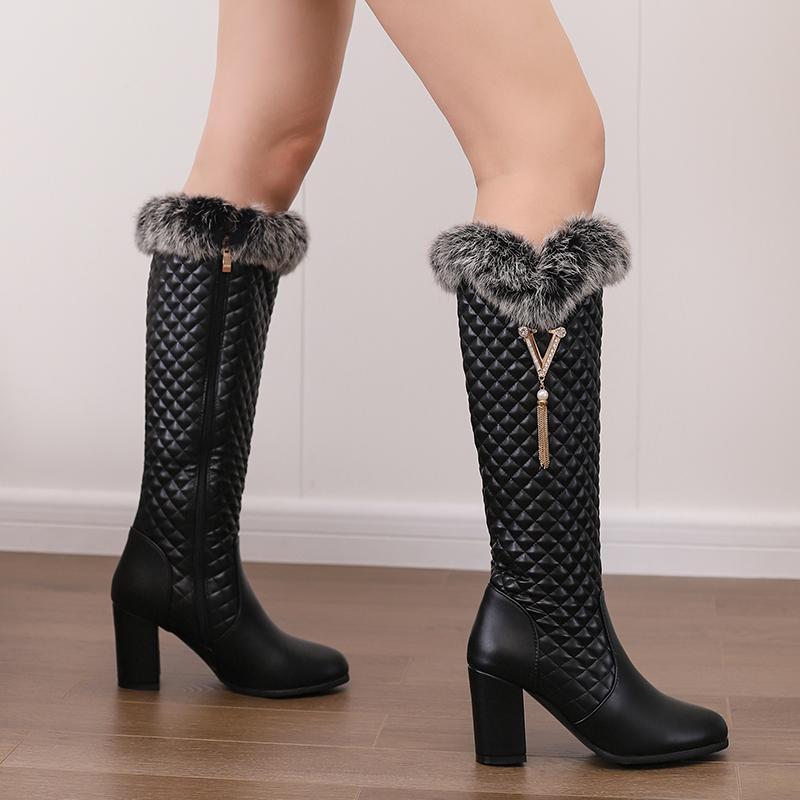 Women's High-heeled Boots Autumn and Winter Xiaoxiangfeng Thick-heeled Large-size Rabbit Fur Medium Boots