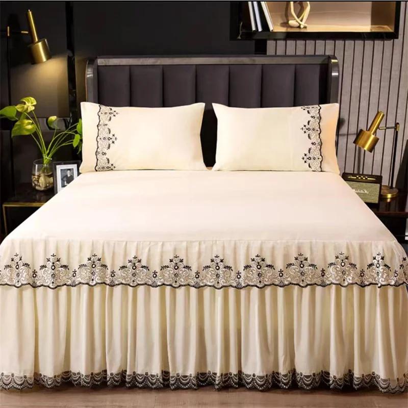 Bedspread Ruffle Lace Exquisite Embroidery Bed Skirt  Anti Slip Princess Bed Cover 1.5/1.8/2 M Bed Dust Cover