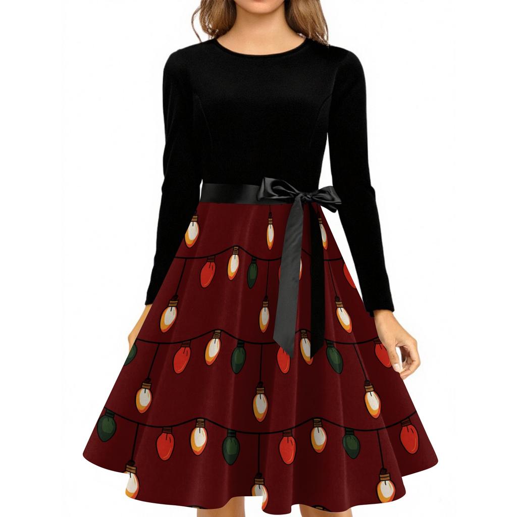 Damen Vintage Christmas Print Rundhals Freizeitkleid