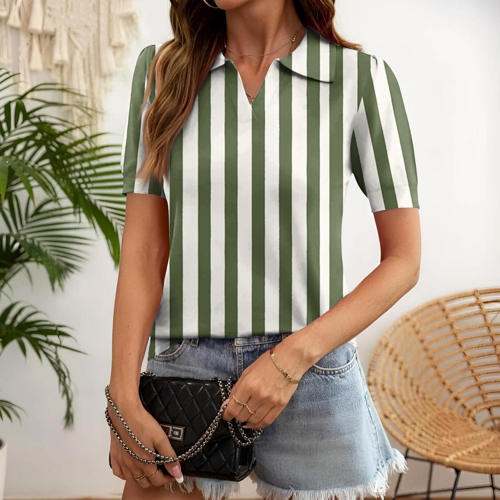 

Women Casual Short Sleeve V Neck Shirt Striped Pattern Lightweight Relaxed Fit Blouse Suitable for Daily Wear and Outdoor Activities S
