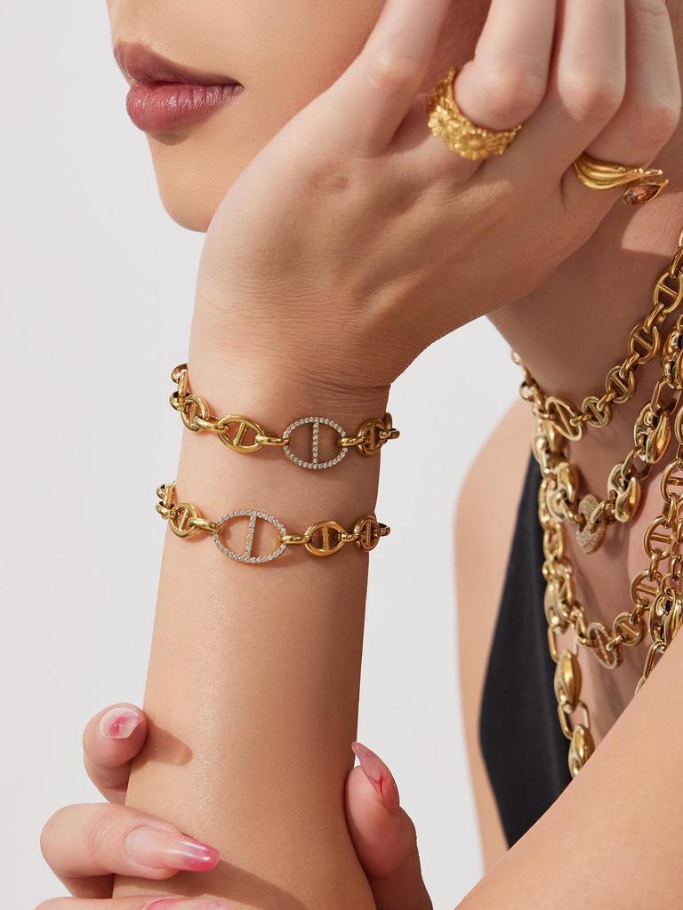 Stainless Steel Pig Nose Zircon-Inlaid Jewelry Set: Necklace, Bracelet, Earrings