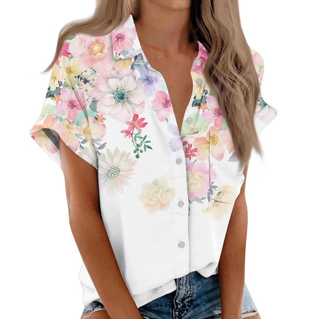 Women's Short Sleeved Shirt, Daily Fashion Printed Button Top, Chest Pocket Cardigan
