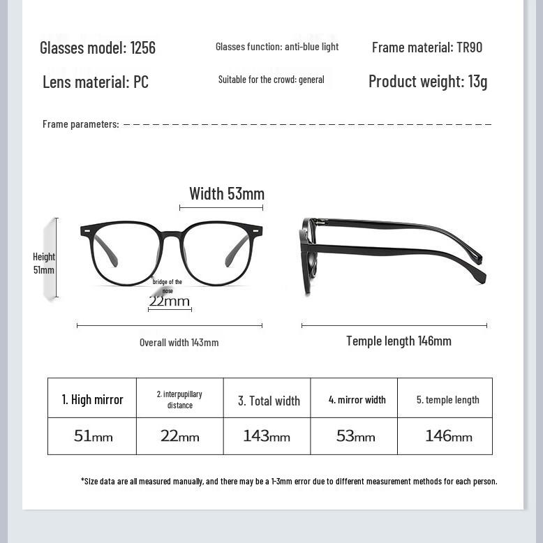 1256 Ultraleichter TR90 Optischer Brillenrahmen für Damen und Herren - High-End, Großrahmen, Kompatibel mit Korrektionsgläsern