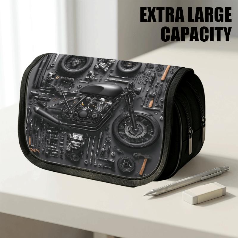 1pc Flip-Top Pencil Case, Industrial Mechanical Bike Black Large Capacity Thickened Oxford Pencil Bag Double-Layer Zipper Pencil Pouch, Aesthetic Back