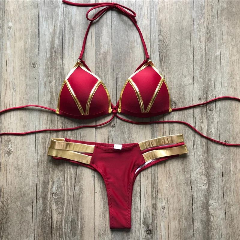 New Red Swimwear Push Up Swimsuit Women Biquini Padded Bathing Suit Gold Stamping Brazilian Bikini Set Thong Sexy Bikini