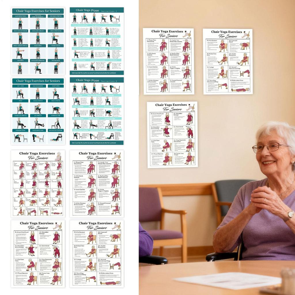 Stuhl Yoga Chart Illustrierte Trainingszubehör 4 Stück Yoga Sitzendes Workout Poster für Senioren Anfänger Fitness Flexibilität