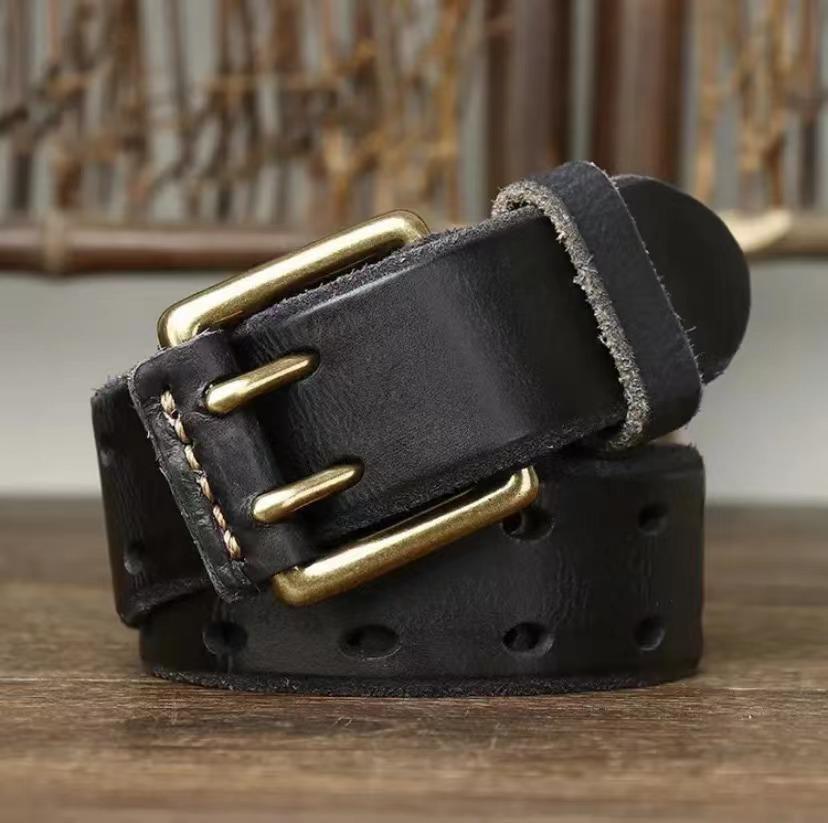 Men's Genuine Leather Belt with Copper Buckle & Double Stitching - Retro & Trendy Design