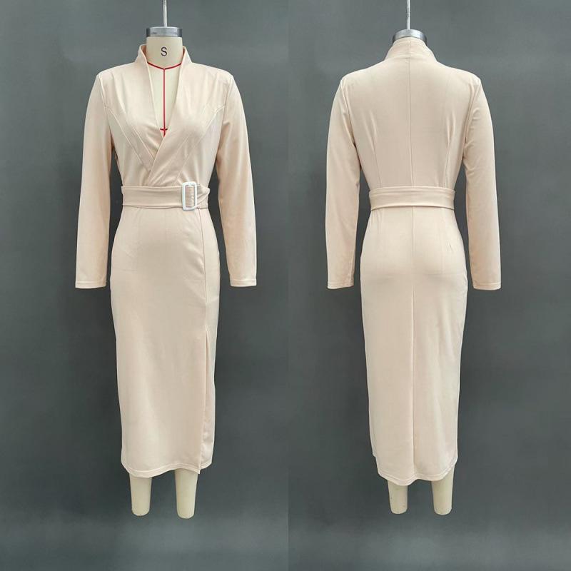 

2025 Autumn V-neck Slim-fit Slit Dress for Women L