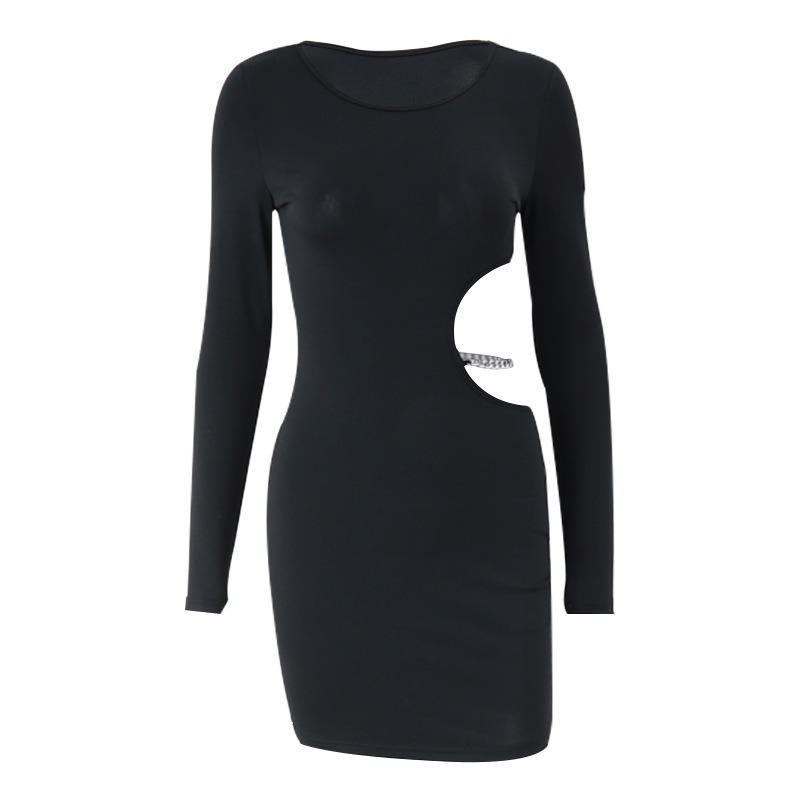 Summer Women High Waist Hollow Party Dresses for Women Fashion Metal Chain Splicing New Slim Fit Black Sexy Evening Dress Casual Short Dress 2536