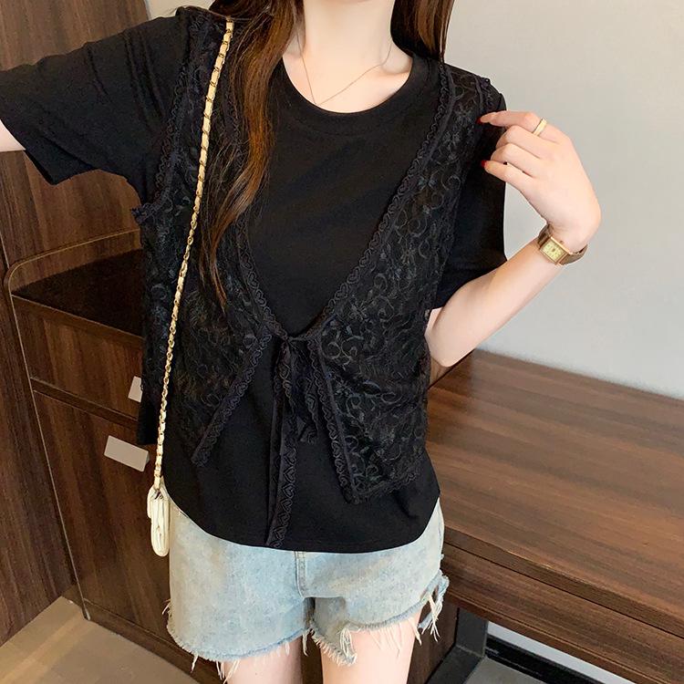 2026 Summer Plus Size Lace Vest Two-Piece Women s Short Sleeve T-Shirt 3XL чёрный