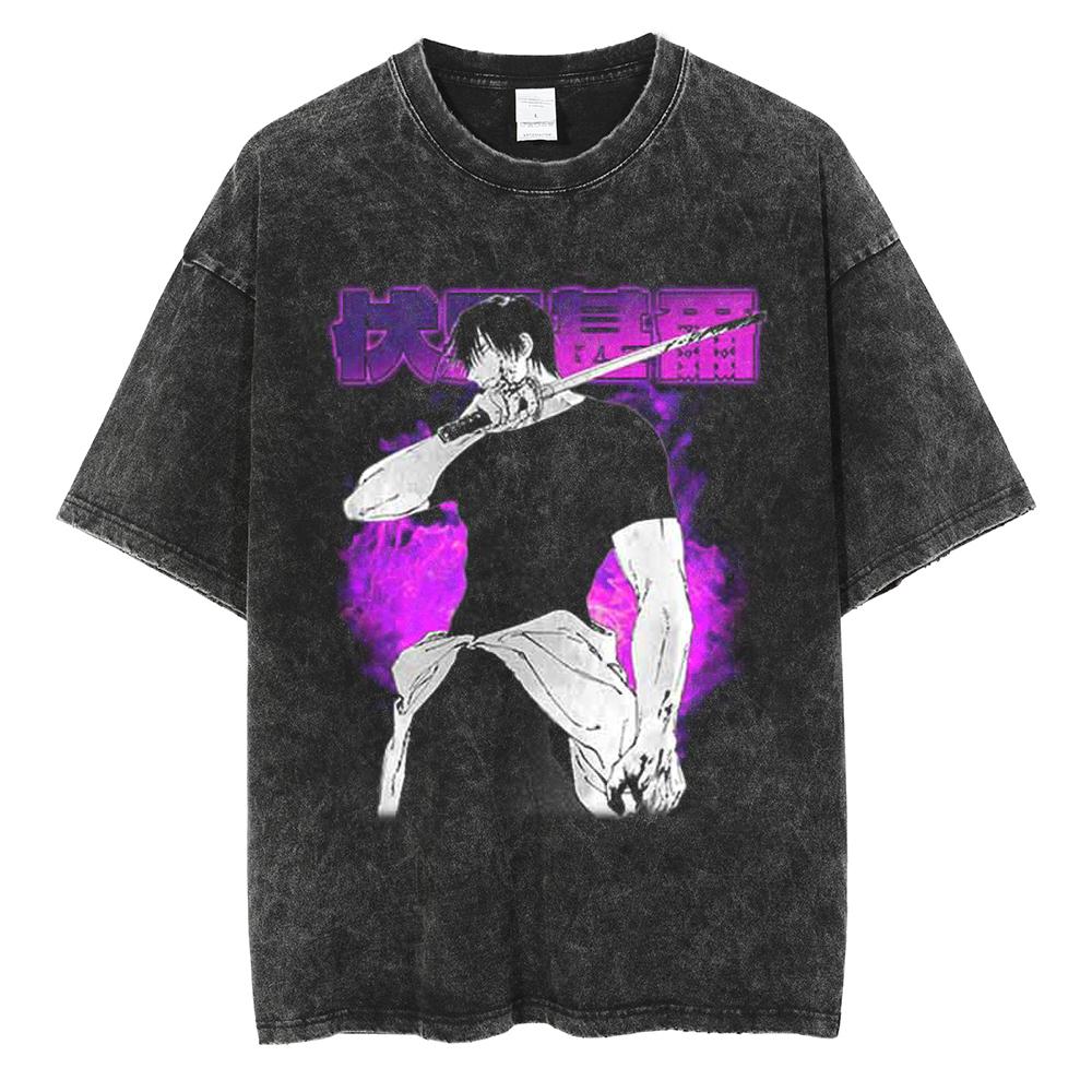 Anime Jujutsu Kaisen Print T Shirt Men Summer Zenin Maki Streetwear Tshirt Oversized Vintage Washed Short Sleeve Casual Tshirt