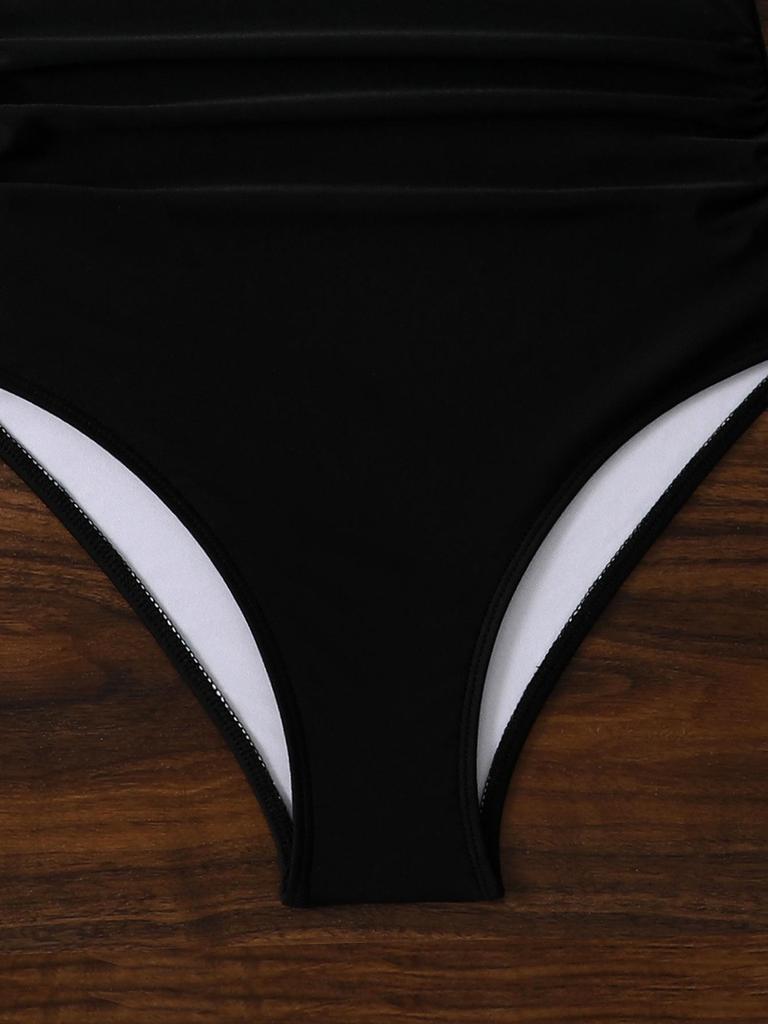 2025 Stylish European & American High-Waisted Backless Color Block One-Piece Swimsuit