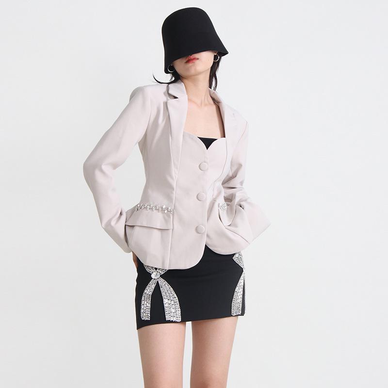 

Women s Spring 2025 Korean Square Collar Diamond Backless Suit Jacket Large абрикосовий