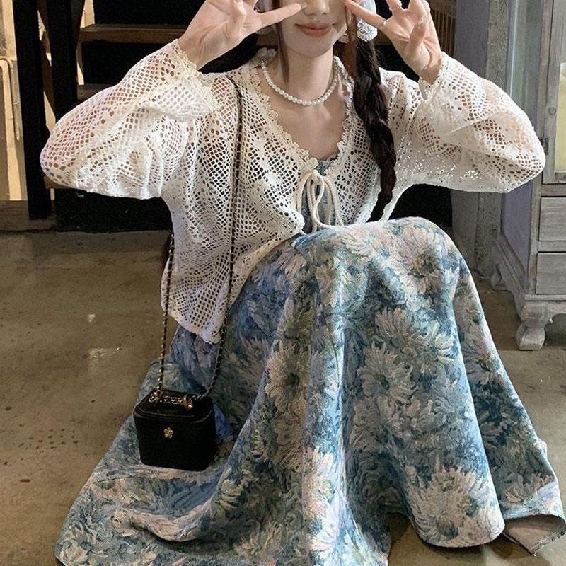 

Новое летнее французское ретро платье-сарафан с цветочным принтом в стиле масляной живописи, длинная юбка для приморского отдыха, комплект из двух предметов M синий