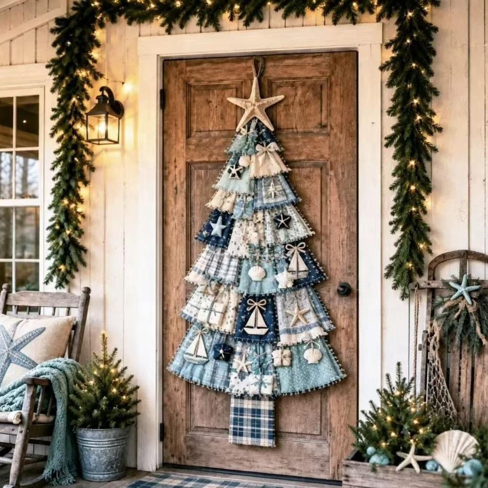 Vintage Patchwork Christmas Tree Door Hanging Handmade Hand-Sewn Oversized Fabric Christmas Tree Cozy Soft Plaid Print