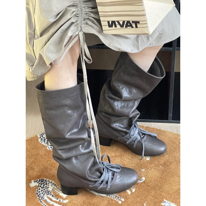 Versiune piele de oaie retro cu vârf rotund, curea plisată, cizme cu grămadă, cizme înalte cu toc gros pentru femei, cizme noi de cowboy western, cizme lungi