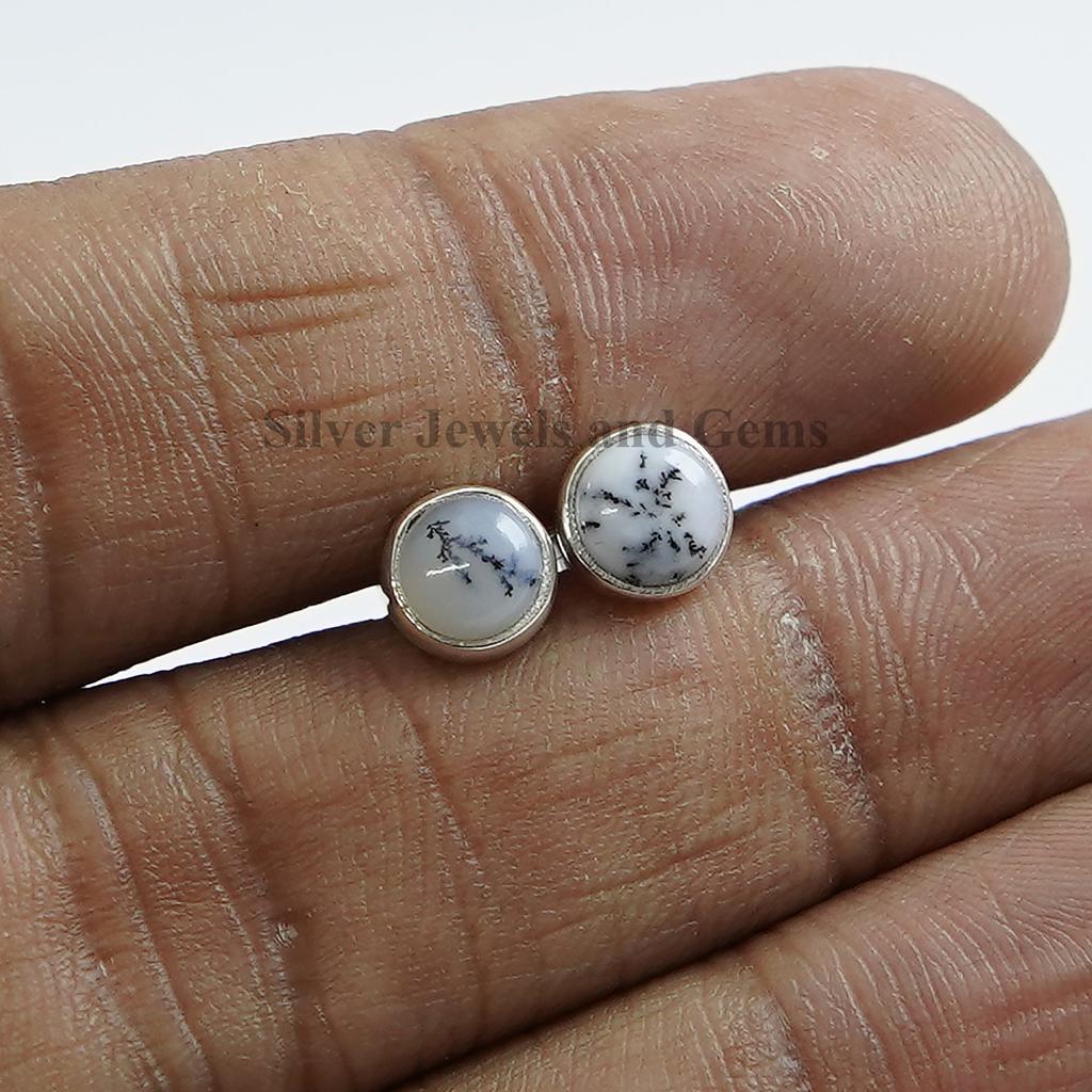 Dendrite Opal Stud Earrings, Round Studs, 925 Sterling Silver Studs, Birthday Earrings, Black and White Gemstone, Handmade Studs