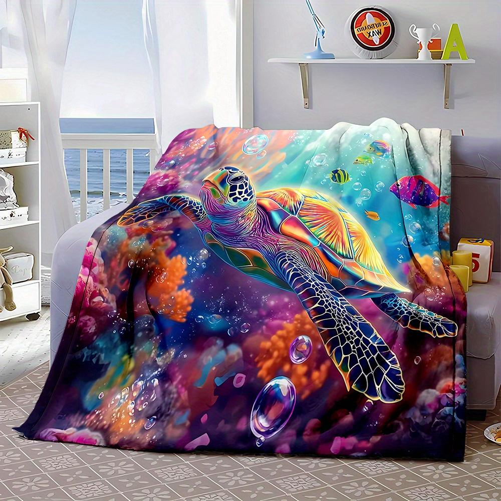 Turtle Fish Print Flannel Throw Blanket - Reversible All-Season Soft Polyester for Home, Office & Gift