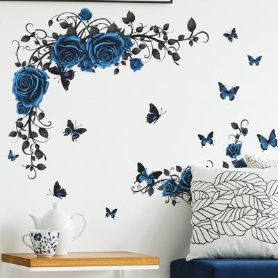 Romantic Blue Rose Flowers Wall Stickers Home Decor Butterfly Decoration Vinyl Murals Decals