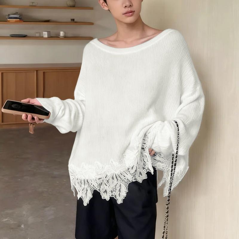 Autumn Women Off Shoulder Long Sleeve Lace Patchwork Knitted Sweater Jumper Pullovers