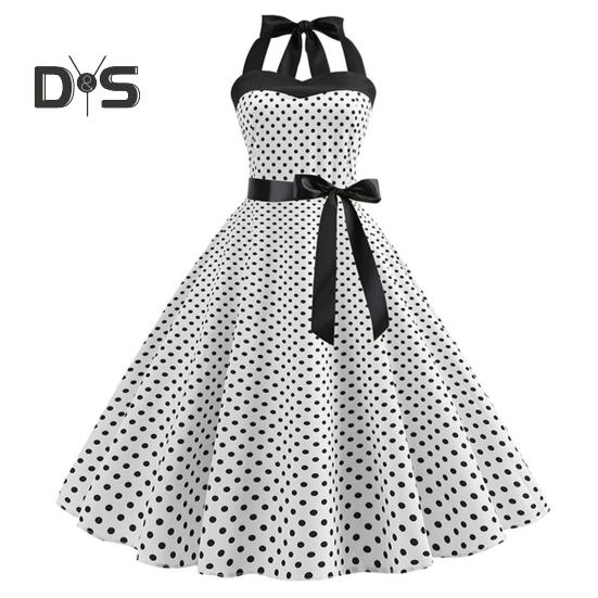 Sukienka midi dla kobiet z dekoltem halter, sznurowana, obcisła, z wysokim stanem, z kokardą, bez rękawów, w kształcie litery A, luźny dół, nadruk w kropki, w stylu retro w stylu lat 50. i 60., z odkrytymi plecami, na bal maturalny