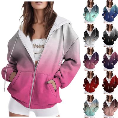 2024 New Women Gradient Hoodie Winter Long Sleeve Drawstring Hooded Sweatshirt Double Pockets Full Zip Hoodie Casual Streetwear
