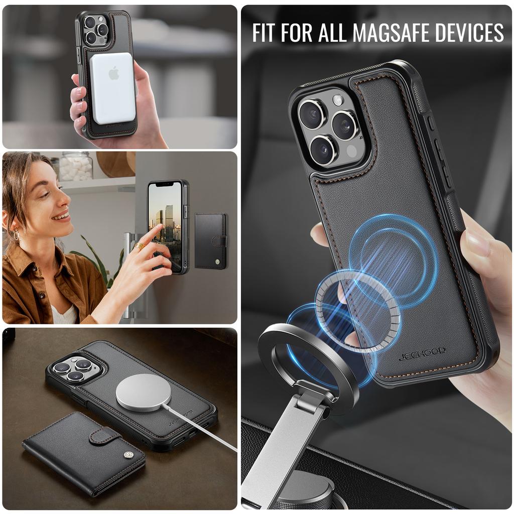 For iPhone 14 Pro Case JEEHOOD J09 RFID Blocking Card Holder Leather Back Phone Cover Compatible with MagSafe
