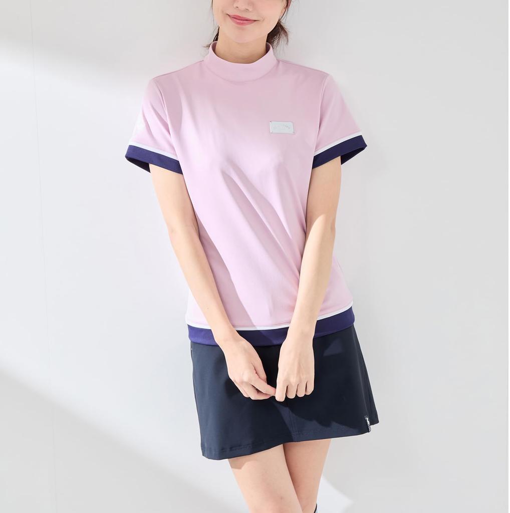 Jun Rope Mock Neck Short Sleeve Pullover with UV Cooling and Pink & Women's Color-Combo Protection, Quick-Drying, Touch, Anti-See-Through, (63)