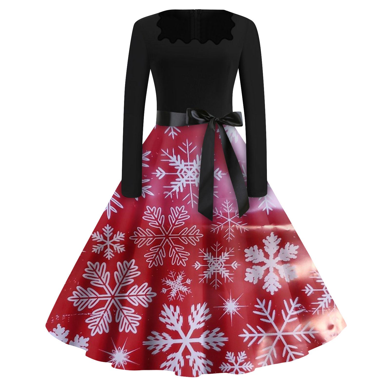 

Жіночі модні повсякденні тонкі різдвяні сукні з довгими рукавами з квадратним вирізом і принтом XXXXXL винний