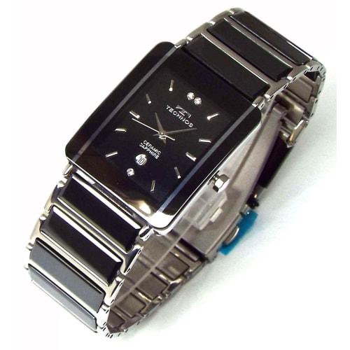 TECHNOS Men's Classic Ceramic Watch with Black Dial and Genuine Leather Bracelet (TSM903TB-SET)