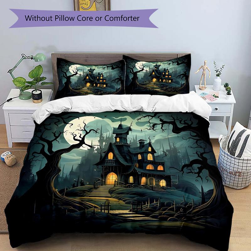 3pc Haunted House Moonlit Night Cover Set - 1 Quilt Cover + 2 Pillowcases, All Seasons Bedroom Setting, Perfect for Home068