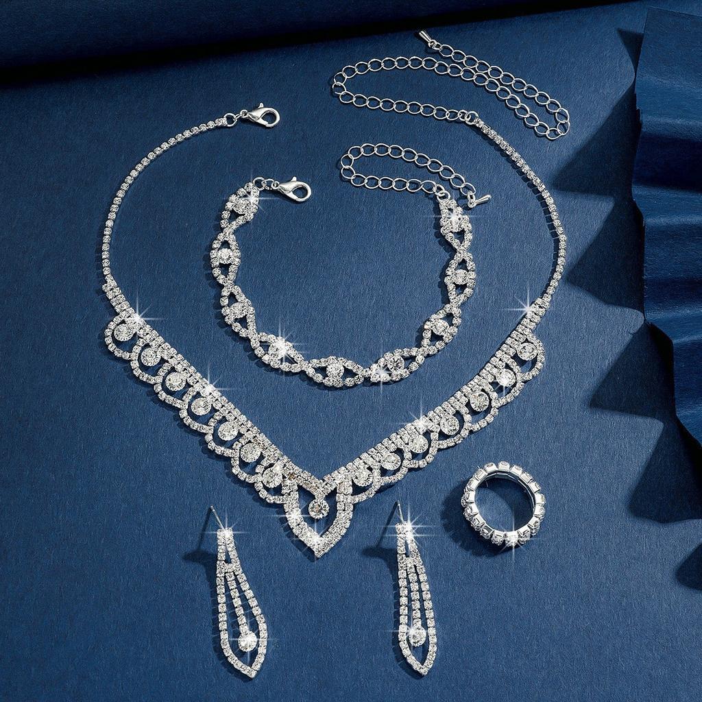 Lace Circle Rhinestone Women's Silver Necklace Earrings Bracelet Ring Four-piece Wedding Photography