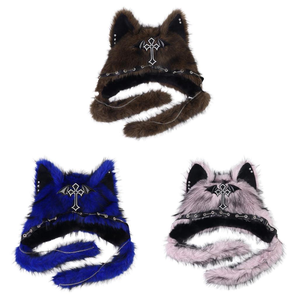 Plush Cat Ears Hat For Winter Warmth With Foldable Design For Punk Style Enthusiasts